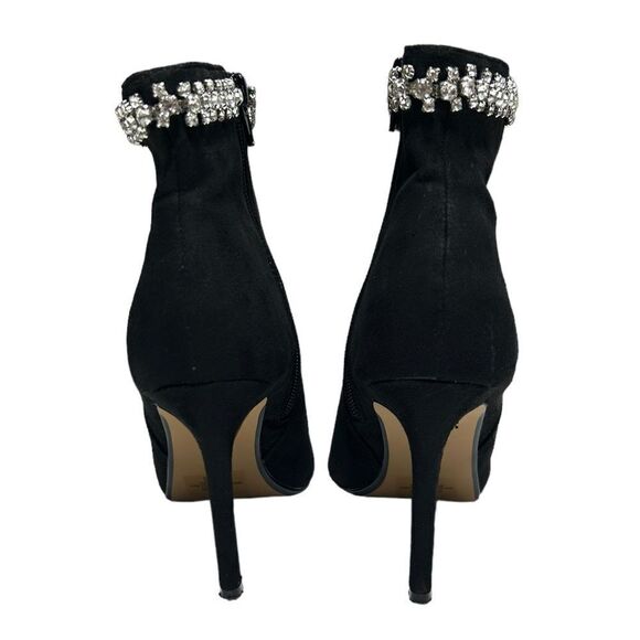 Express Black Faux Suede Ankle Booties Heeled Boots Gemstone Top Pointed Toe - Picture 5 of 9